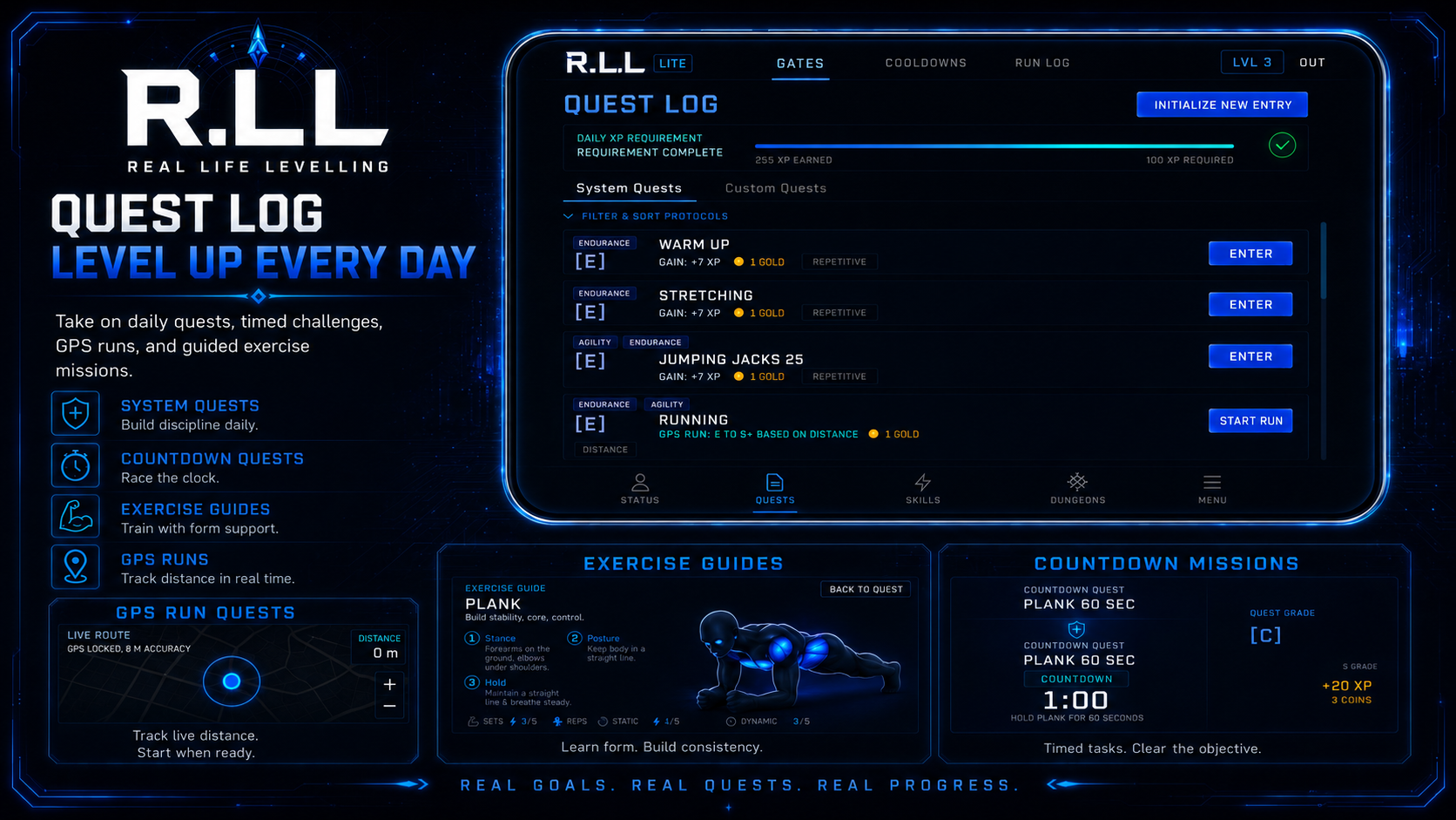Quest log, GPS run, exercise guide and countdown quest screens