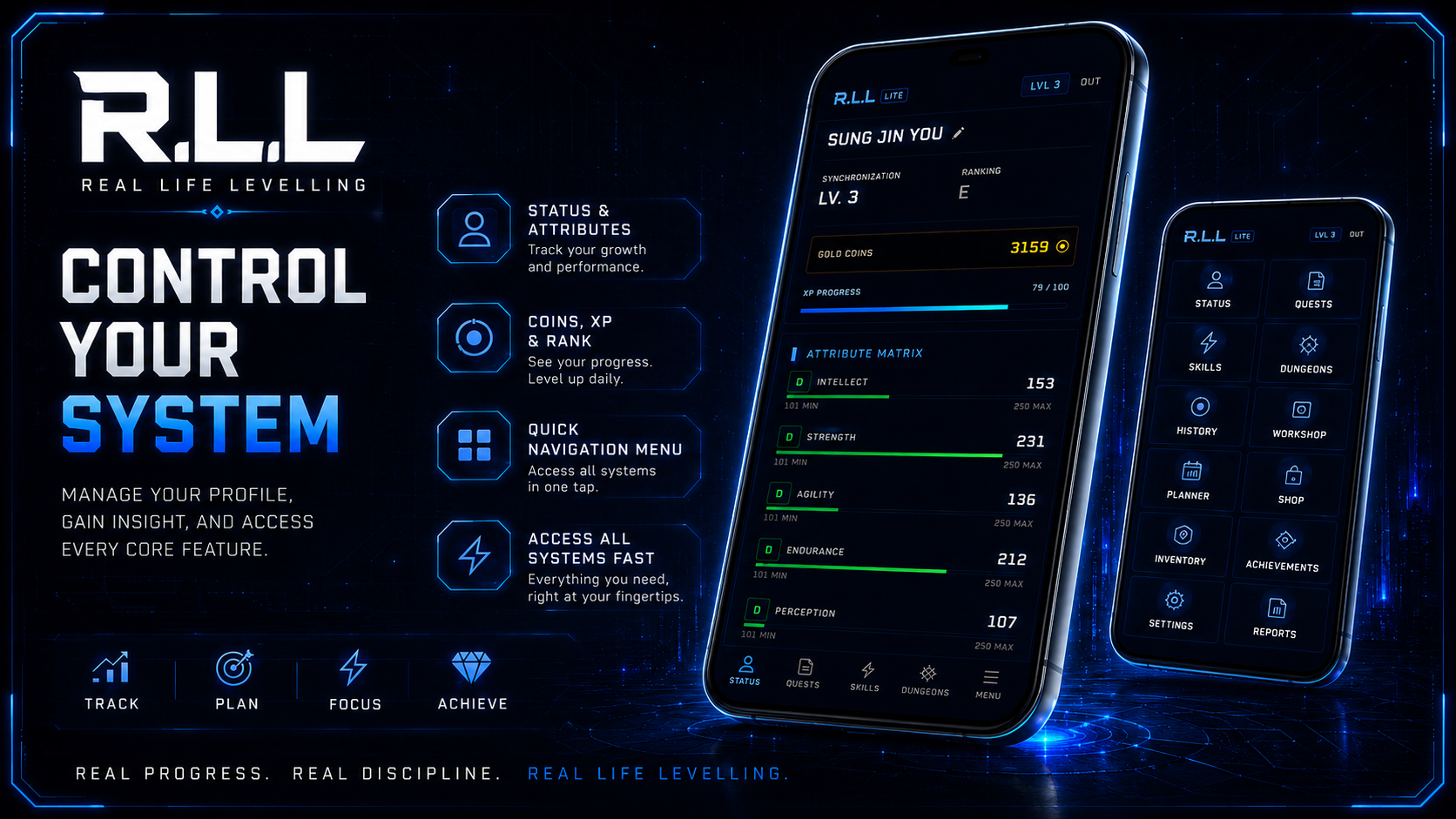 Real Life Levelling player status and attributes interface
